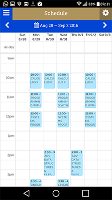 Eagle移动应用程序中的周日历截图，蓝色方块代表课程的日期和时间