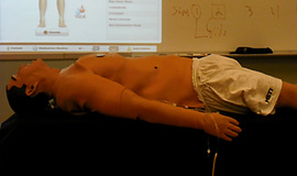 穿着白色短裤的男性假人躺在桌子上，前面是一个数字屏幕，上面有解剖图形